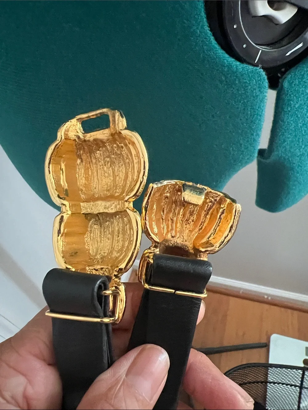 St. John Black Leather Belt with Gold Ribbed Centerpiece